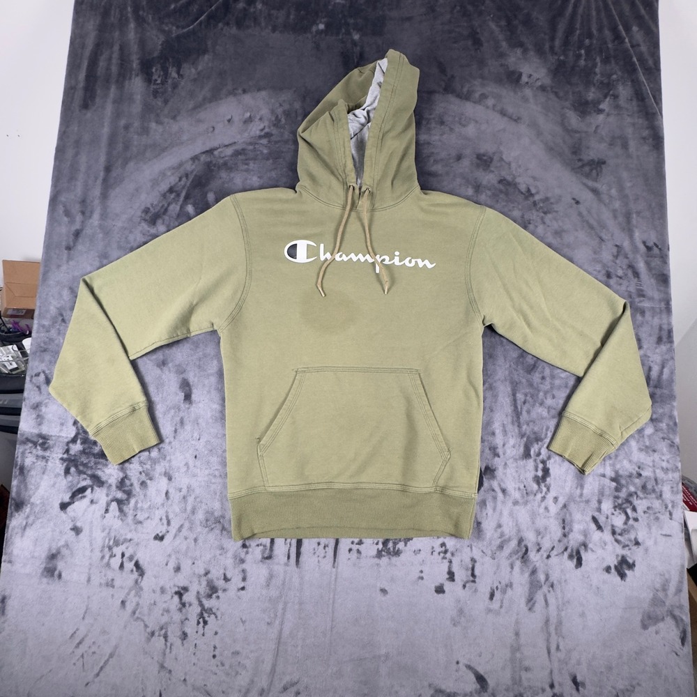 Champion Hoodie Mens Small Olive Green Script Logo Pullover GF89H